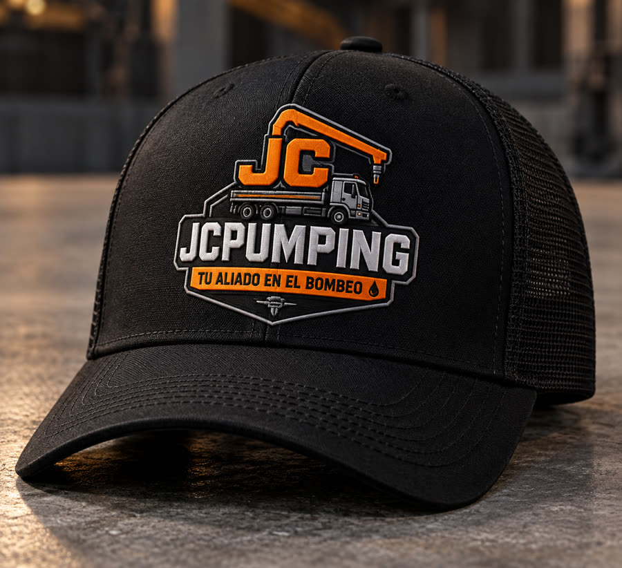 Gorra negra con malla y el logo bordado de JC Pumping, tu aliado en el bombeo